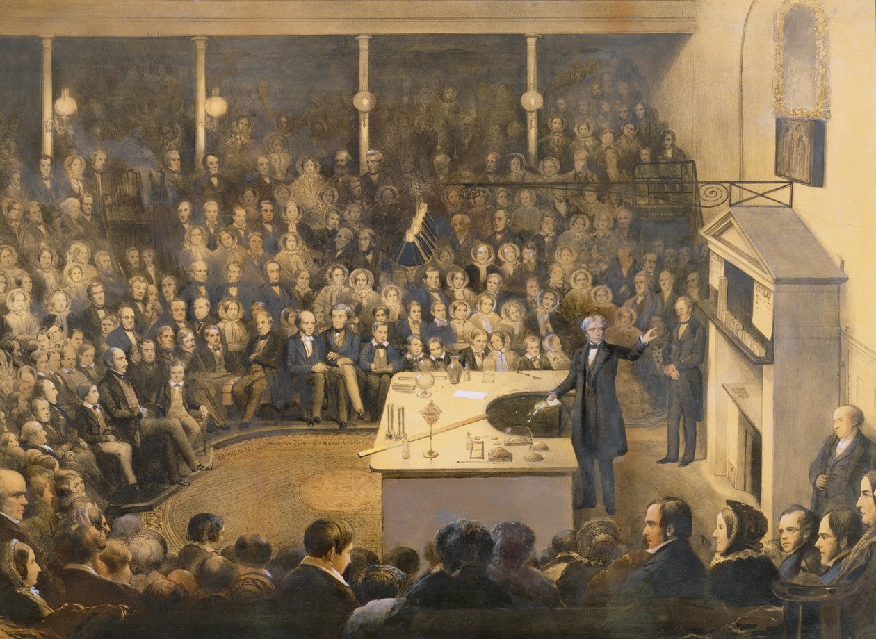 Michael Faraday (1791-1867) Luennoi Royal Institutionin teatterissa, n. 1856 (värillinen litografia) tekijältä Alexander Blaikley