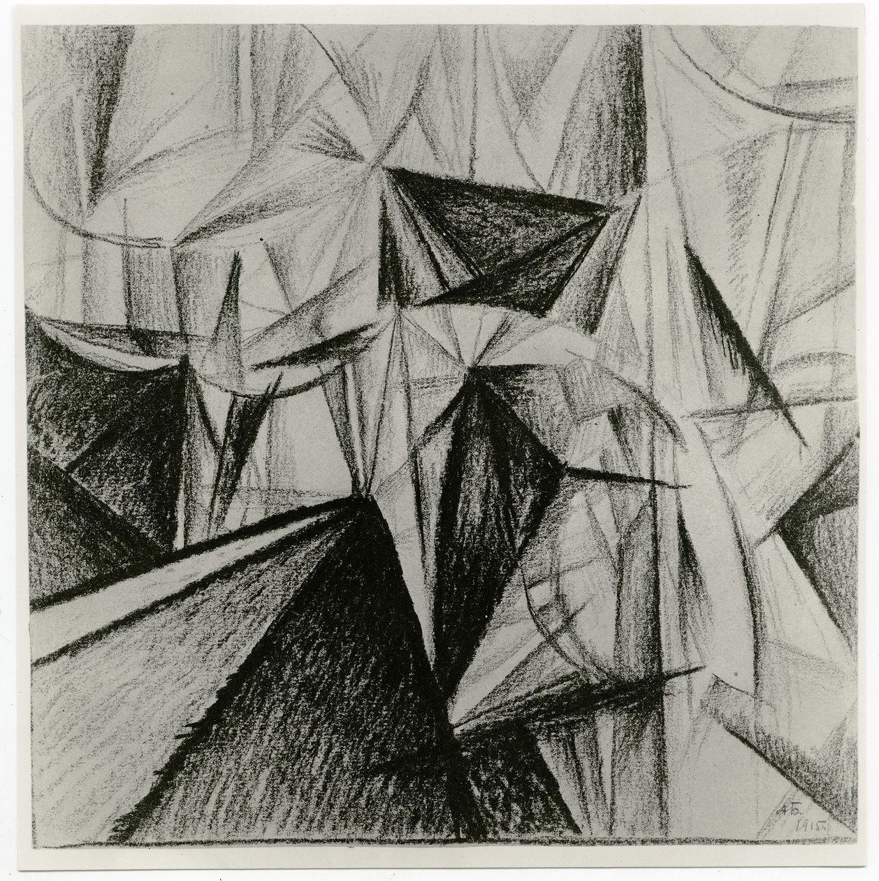 Rayonnist-sävellys (rytminen sävellys), 1915 (hiili paperille) tekijältä Alexander Bogomazov