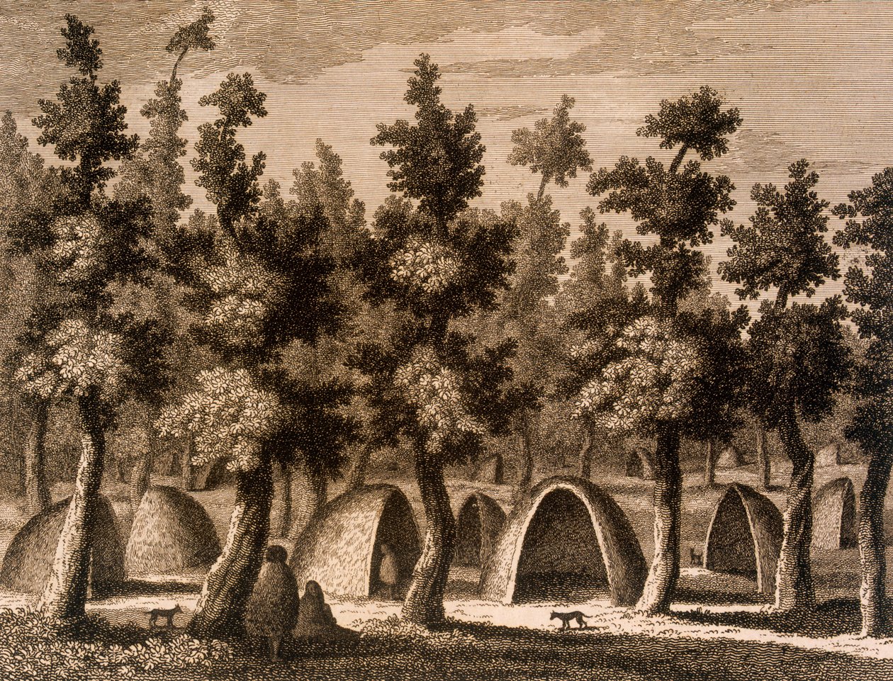 Näkymä kylään menestyksen lahdella, Tierra del Fuego, 1777 tekijältä Alexander Buchan