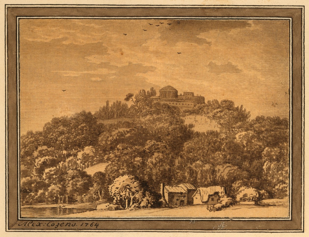 Maisema temppelin kanssa, 1764 (pesu paperille) tekijältä Alexander Cozens