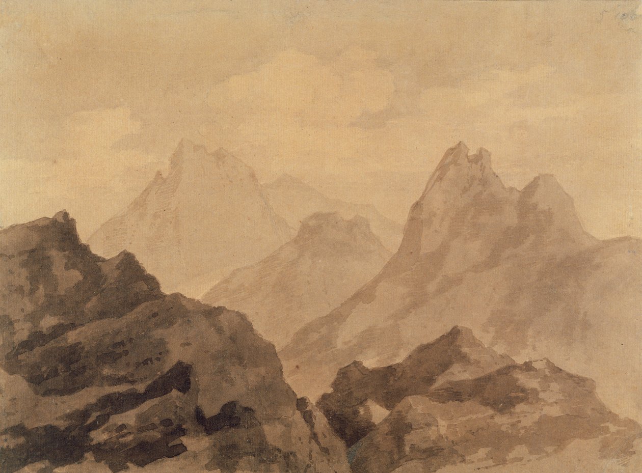 Mountain Tops (A Mountain Study), n. 1780 (grafiitti, ruskea ja harmaa pesu paperilla) tekijältä Alexander Cozens