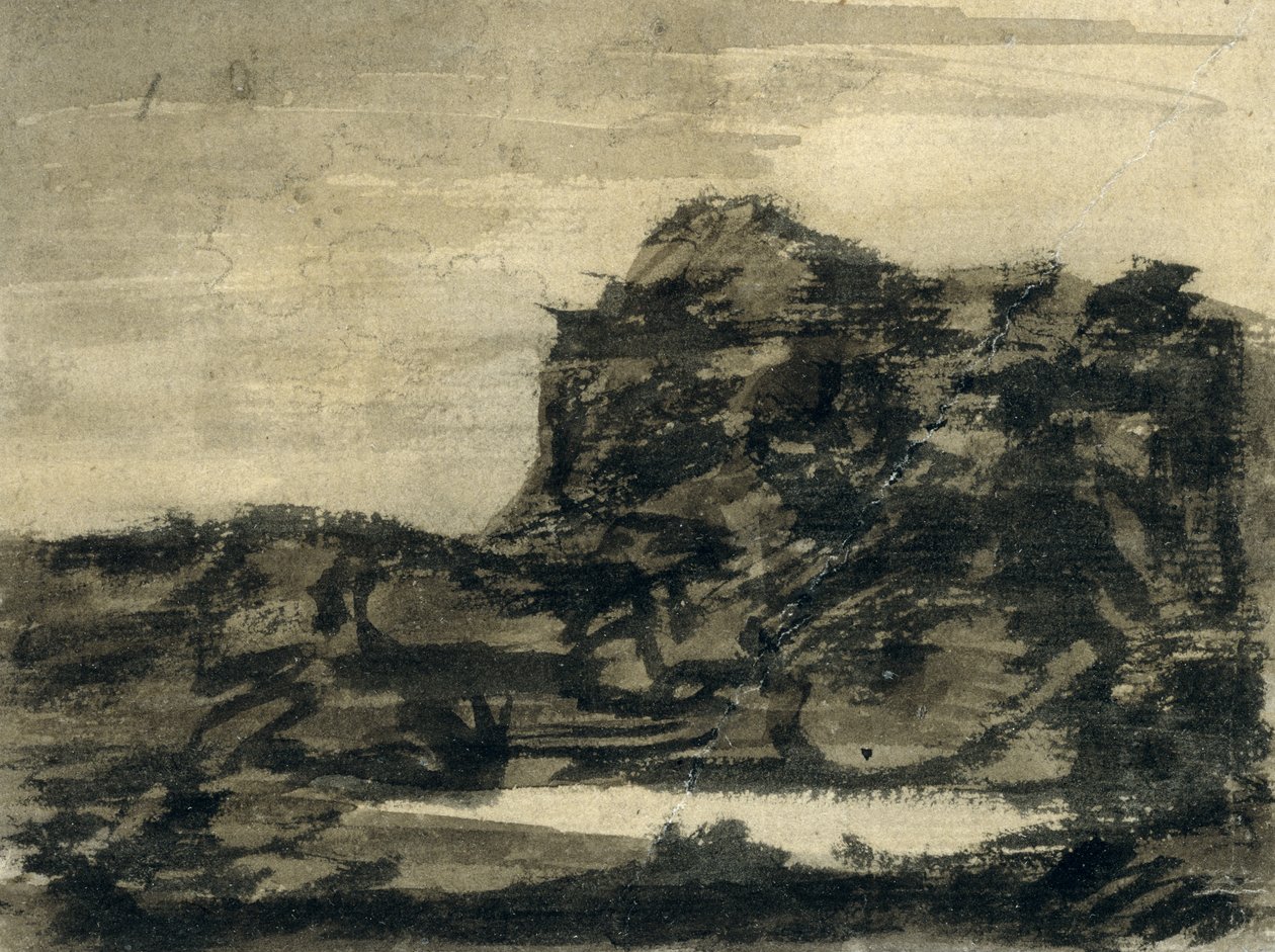 Järvi kallion juurella (kynä mustalla, harmaalla ja ruskealla pesulla paperilla) tekijältä Alexander Cozens