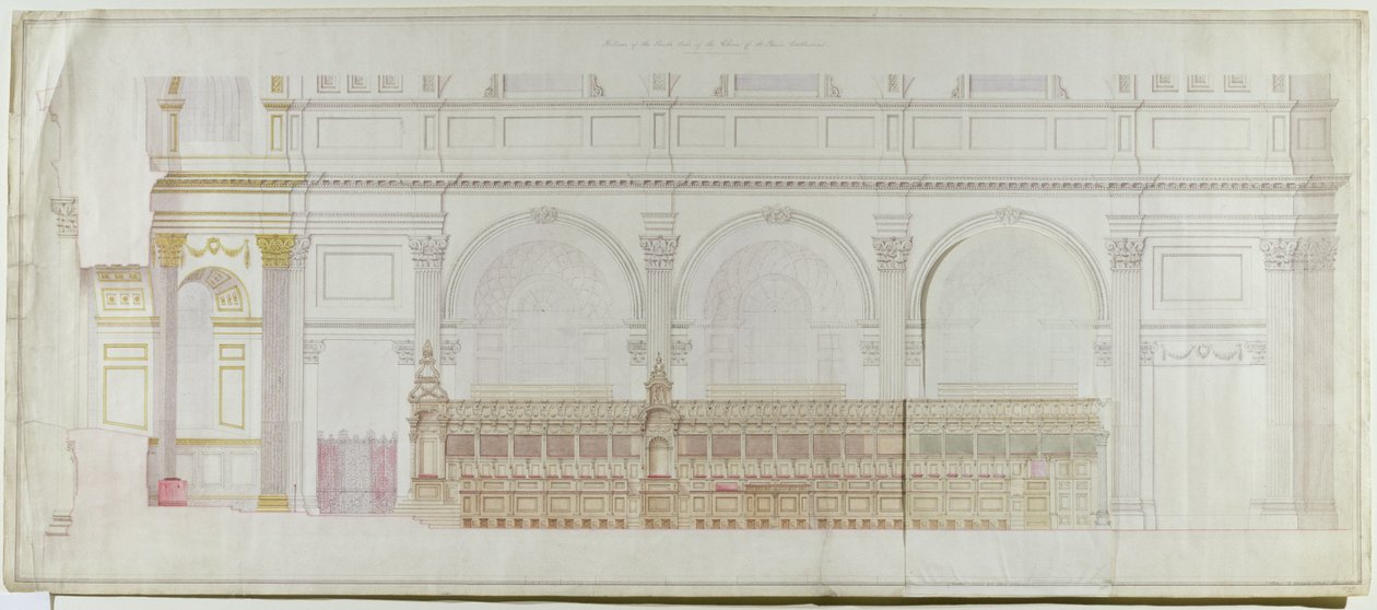 C.R. Cockerellin (1788-1863) 1848 uudelleen sisustaman kuoron korotus St. Pauls Cathedralissa (kynä ja wc paperilla) tekijältä Alexander Dick Gough