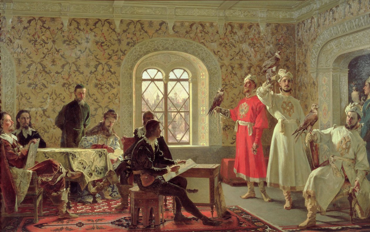 Italian suurlähettiläs Calvuci piirsi tsaari Aleksei Mihailovitšin (1629-76) haukkoja 1889 tekijältä Alexander Dimitrievitch Litovtchenko