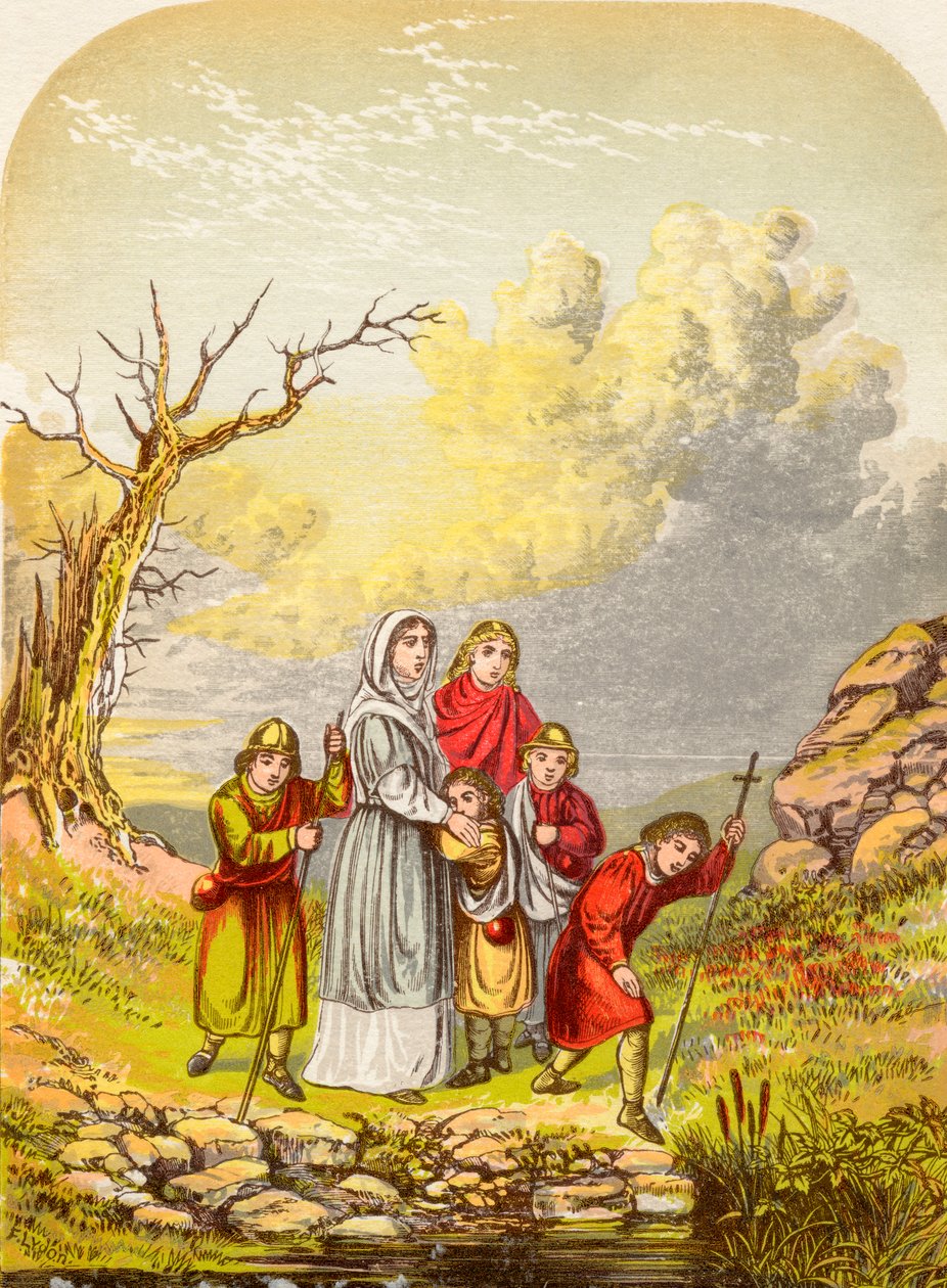 Christiana ja hänen lapsensa saapuvat Slough of Despondille, John Bunyanin The Pilgrims Progress -kirjasta, julkaistu n. 1880 tekijältä Alexander Francis Lydon