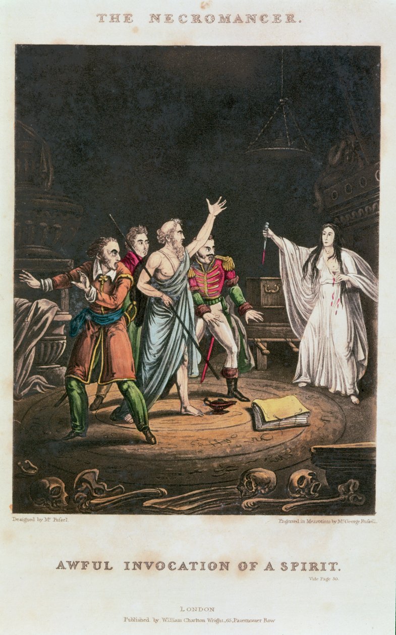Awful Invocation of a Spirit, kuvitus teokseen "The Necromancer", kaivertanut George Russell, pub. Kirjailija: William Charlton Wright (mezzotint) tekijältä Alexander Fussel