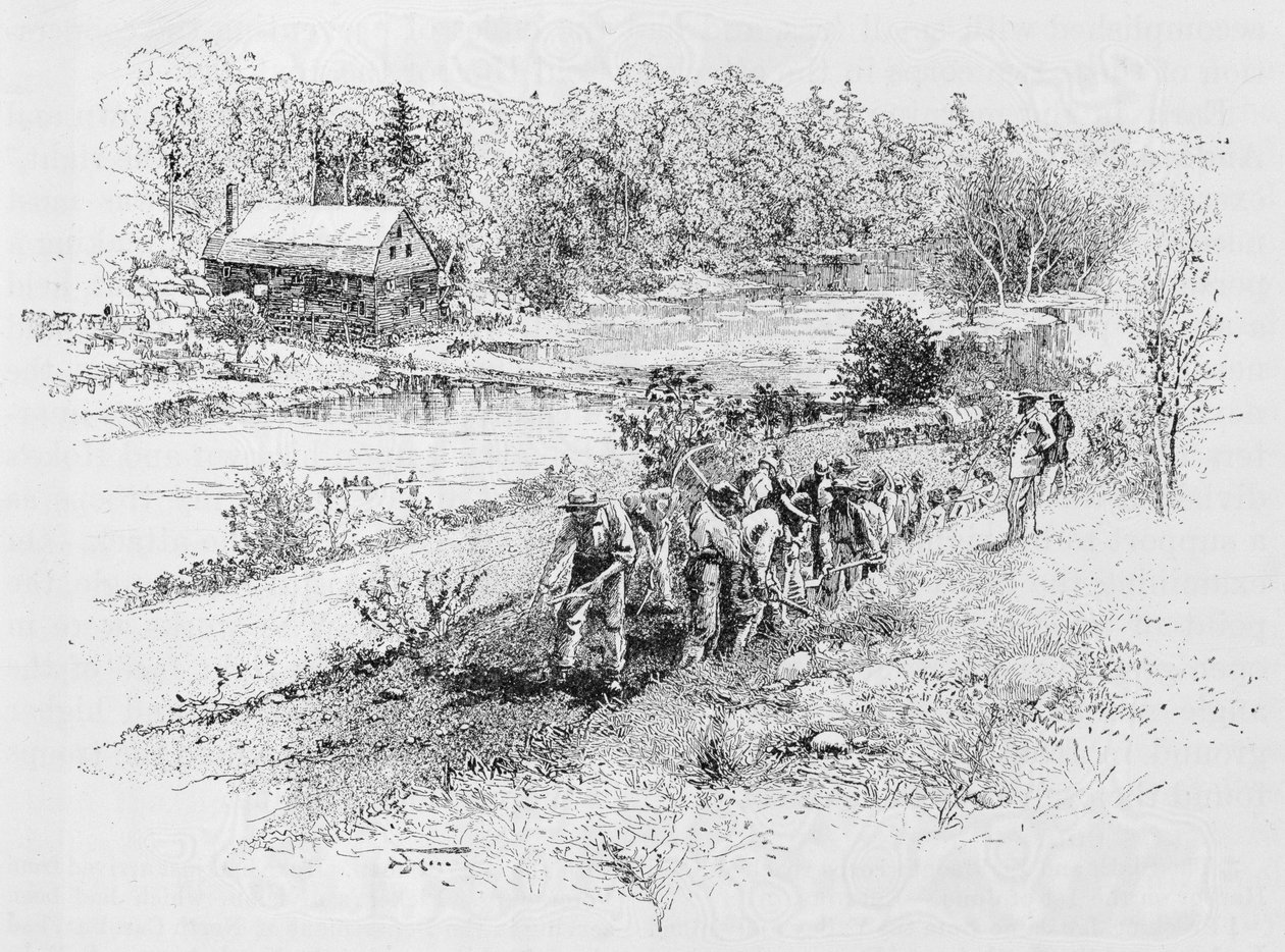 Jericho Mills: Unionin insinöörijoukot työssä, kaiverrettu Harry Fenn (183845-1911) valokuvasta, kuvitus teoksesta "Battles and Leaders of the Civil War", toimittajina Robert Underwood Johnson ja C. tekijältä Alexander Gardner