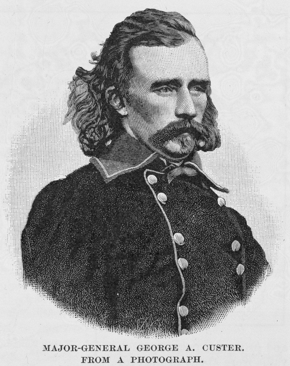 Kenraalimajuri George Armstrong Custer, kaiverrettu valokuvasta, kuvitus teoksesta "Battles and Leaders of the Civil War", toimittajina Robert Underwood Johnson ja Clarence Clough Buel tekijältä Alexander Gardner