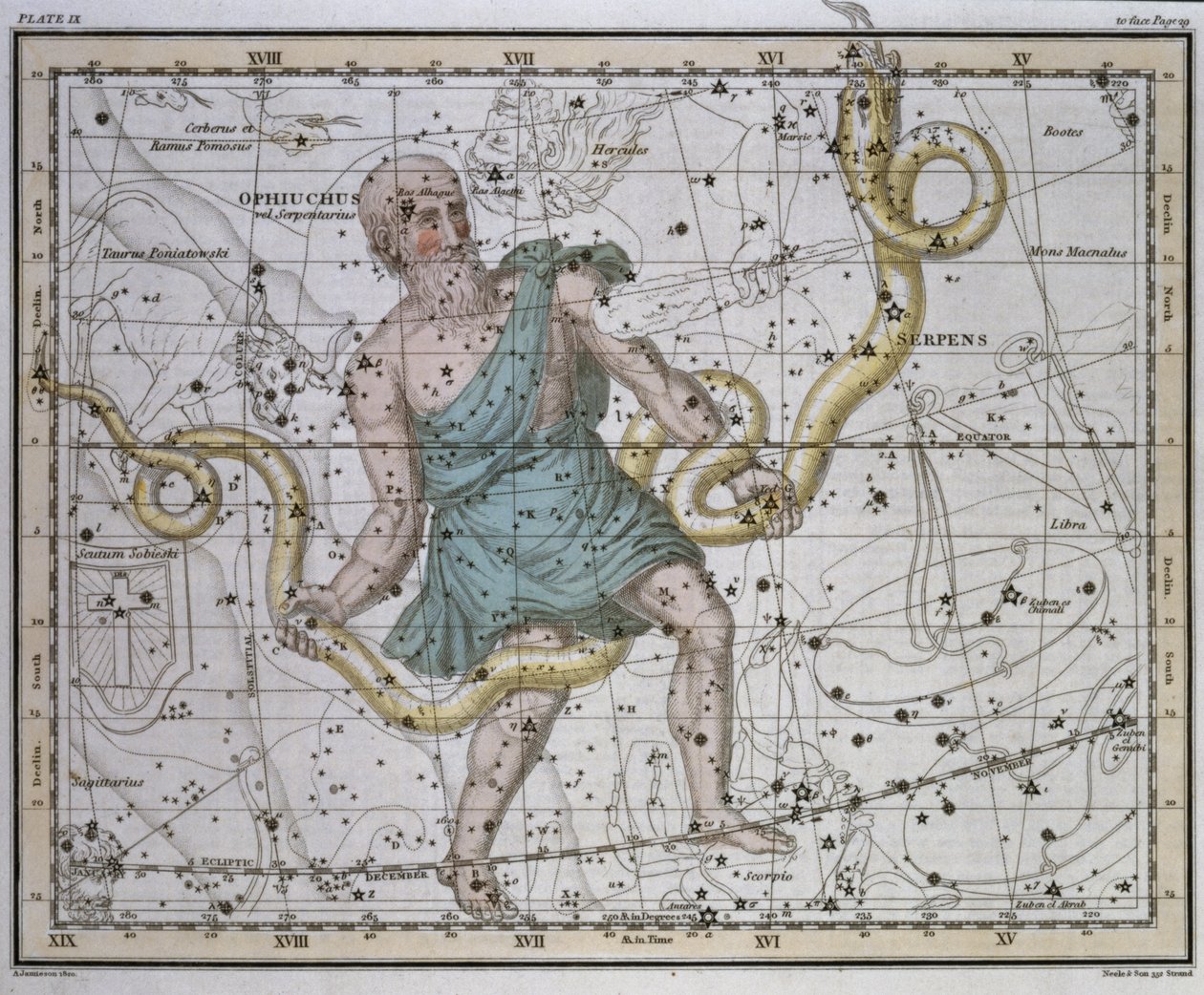 Ophiuchus tai Serpentarius, "A Celestial Atlas", pub. vuonna 1822 tekijältä Alexander Jamieson