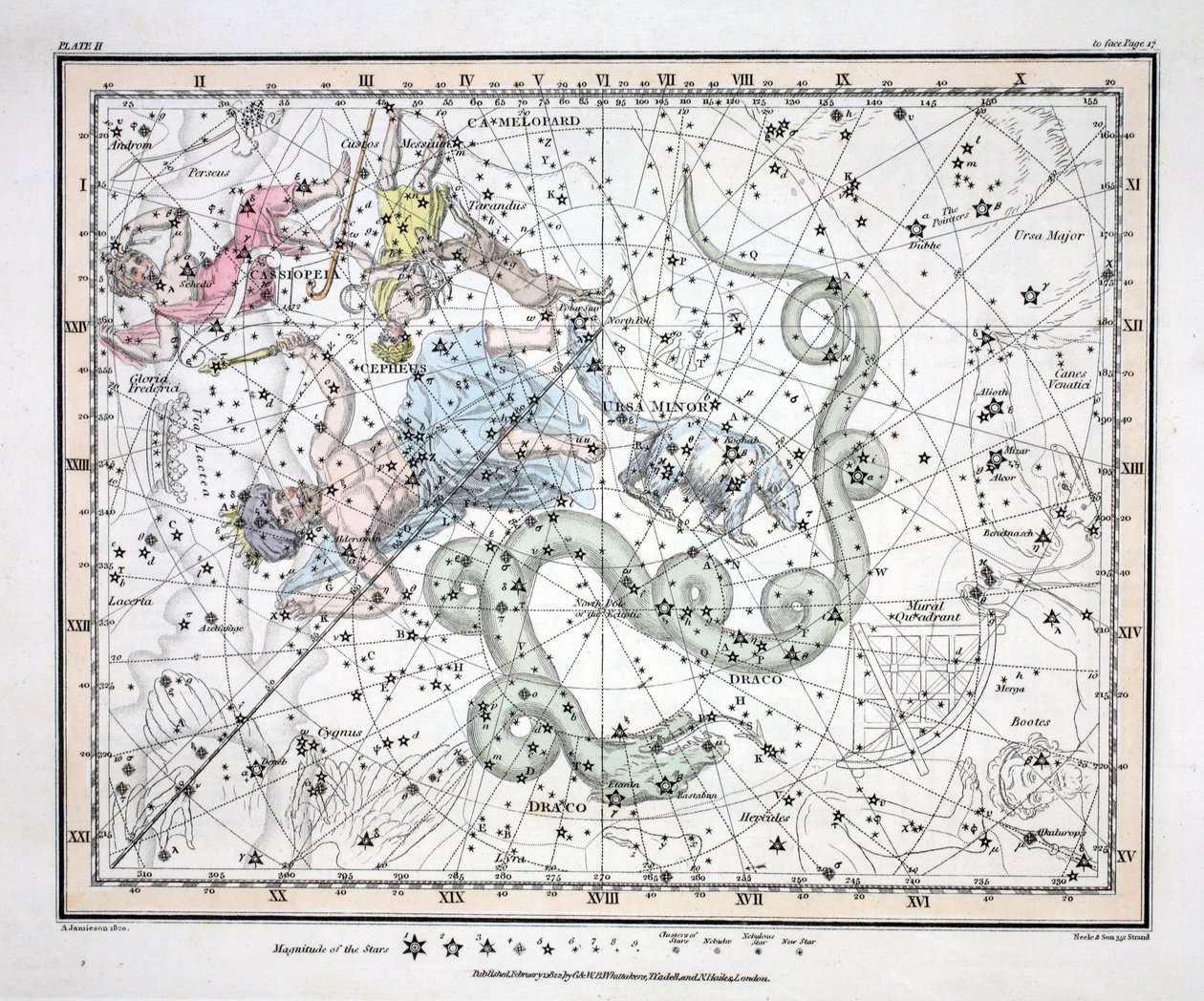The Constellations (Plate II) Ursa Minor, Cassiopeia, Tarandus, Cepheus, Draco, Custos Messium, Alexander Jamiesonin taivaallisen atlasista, pub. Lontoo 1822 (käsinvärinen kaiverrus) tekijältä Alexander Jamieson