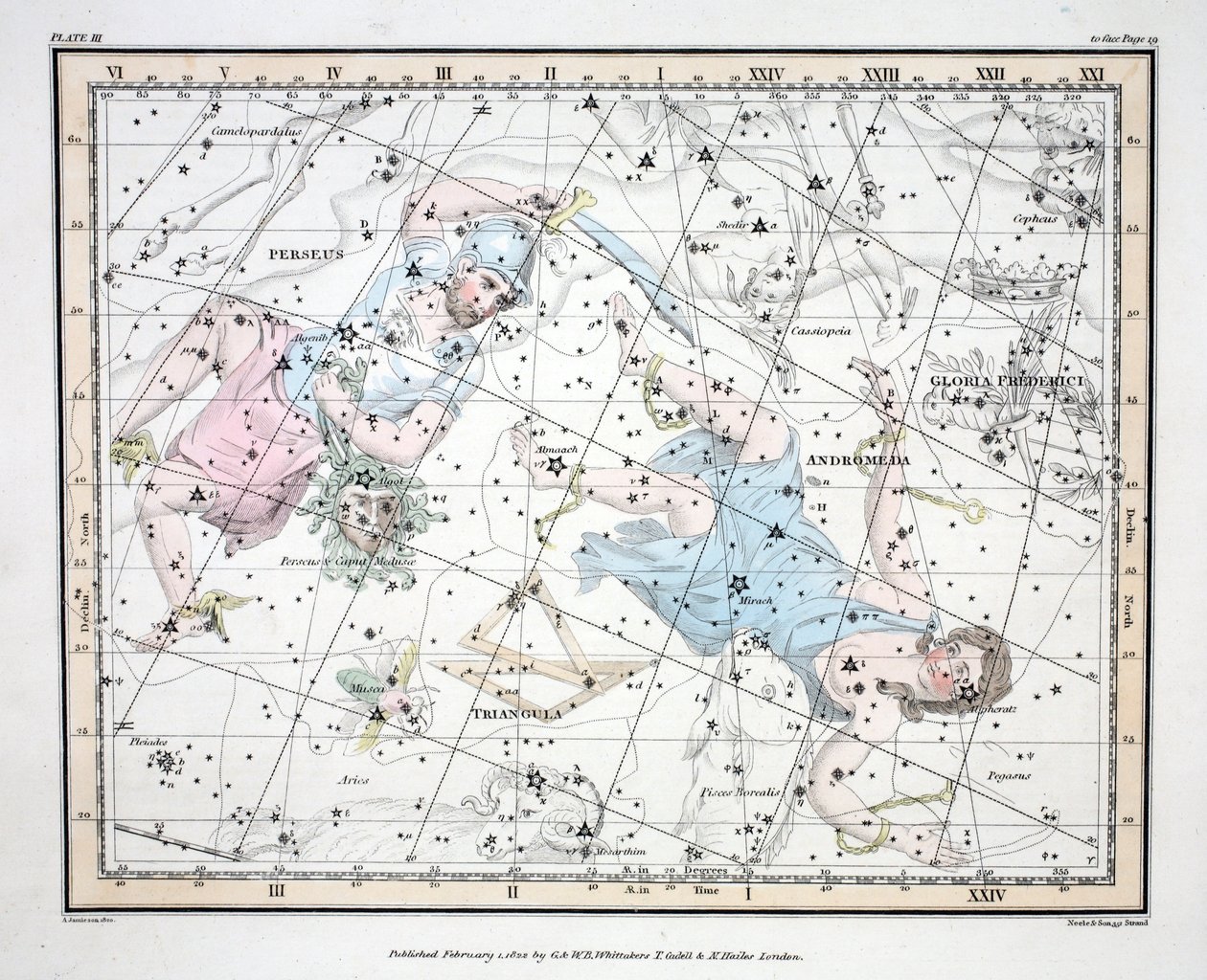 The Constellations (levy III) Andromeda, Triangulum, II Perseus et Caput Medusae, Gloria Frederici, Alexander Jamiesonin taivaallisen atlasista, pub. Lontoo 1822 (käsinvärinen kaiverrus) tekijältä Alexander Jamieson