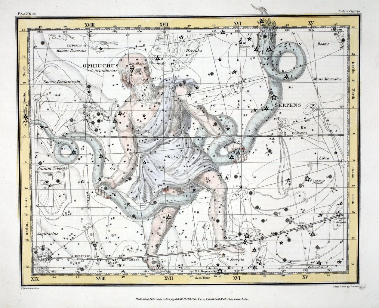 Constellations (levy IX) Olphiuchus eli Serpentarius ja Serpens, Alexander Jamiesonin kirjasta "A Celestial Atlas", pub. Lontoo 1822 (käsinvärinen kaiverrus) tekijältä Alexander Jamieson
