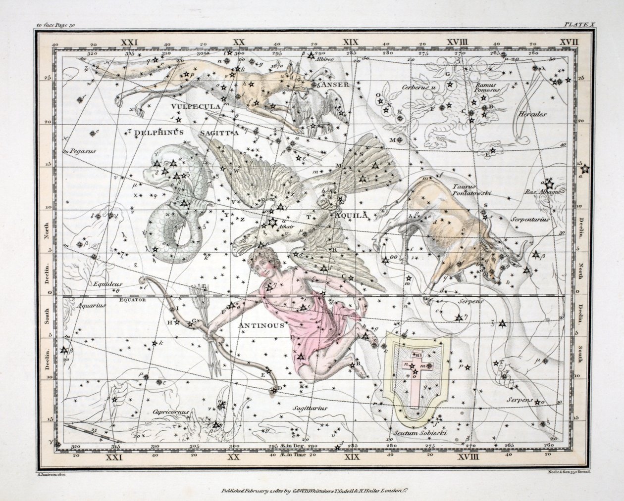 The Constellations (Plate X) Aquila et Antinous, Scutum Sobieski, Taurus Poniatowski, Sagitta, Valpecula et Anser ja Delphinus, Alexander Jamiesonin "A Celestial Atlas", pub. Lontoo 1822 (käsi tekijältä Alexander Jamieson