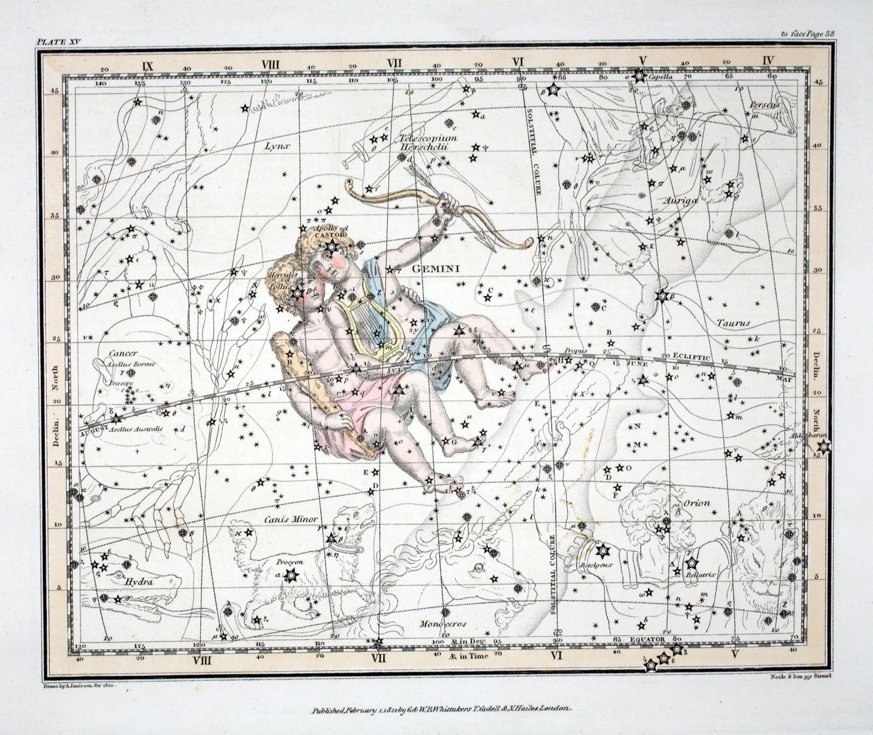 The Constellations (levy XV) Kaksoset, Alexander Jamiesonin kirjasta "A Celestial Atlas", pub. Lontoo 1822 (käsinvärinen kaiverrus) tekijältä Alexander Jamieson
