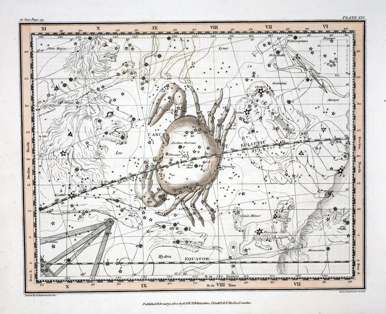 The Constellations (levy XVI) Syöpä, Alexander Jamiesonin teoksesta "A Celestial Atlas", pub. Lontoo 1822 (käsinvärinen kaiverrus) tekijältä Alexander Jamieson