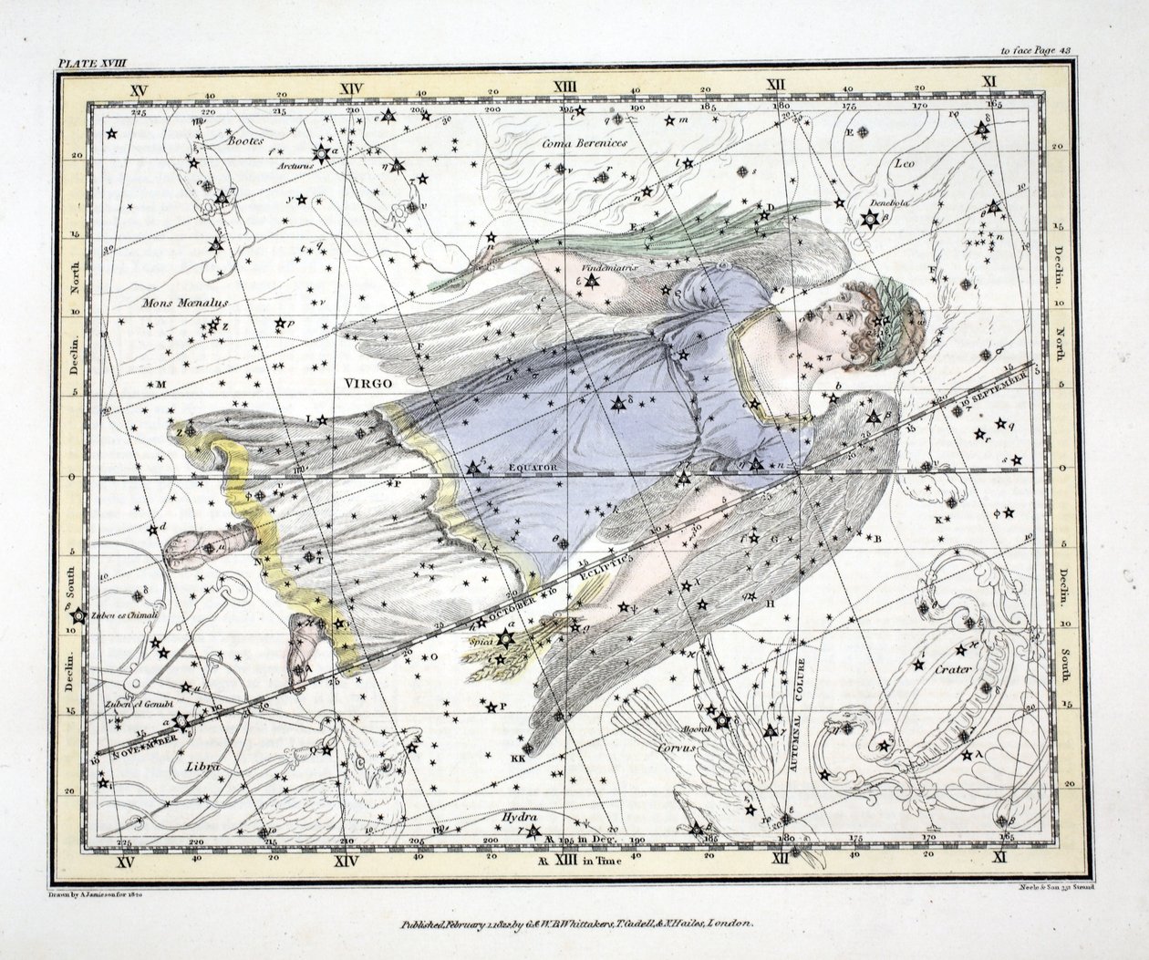 The Constellations (levy XVIII) Neitsyt, Alexander Jamiesonin kirjasta "A Celestial Atlas", pub. Lontoo 1822 (käsinvärinen kaiverrus) tekijältä Alexander Jamieson