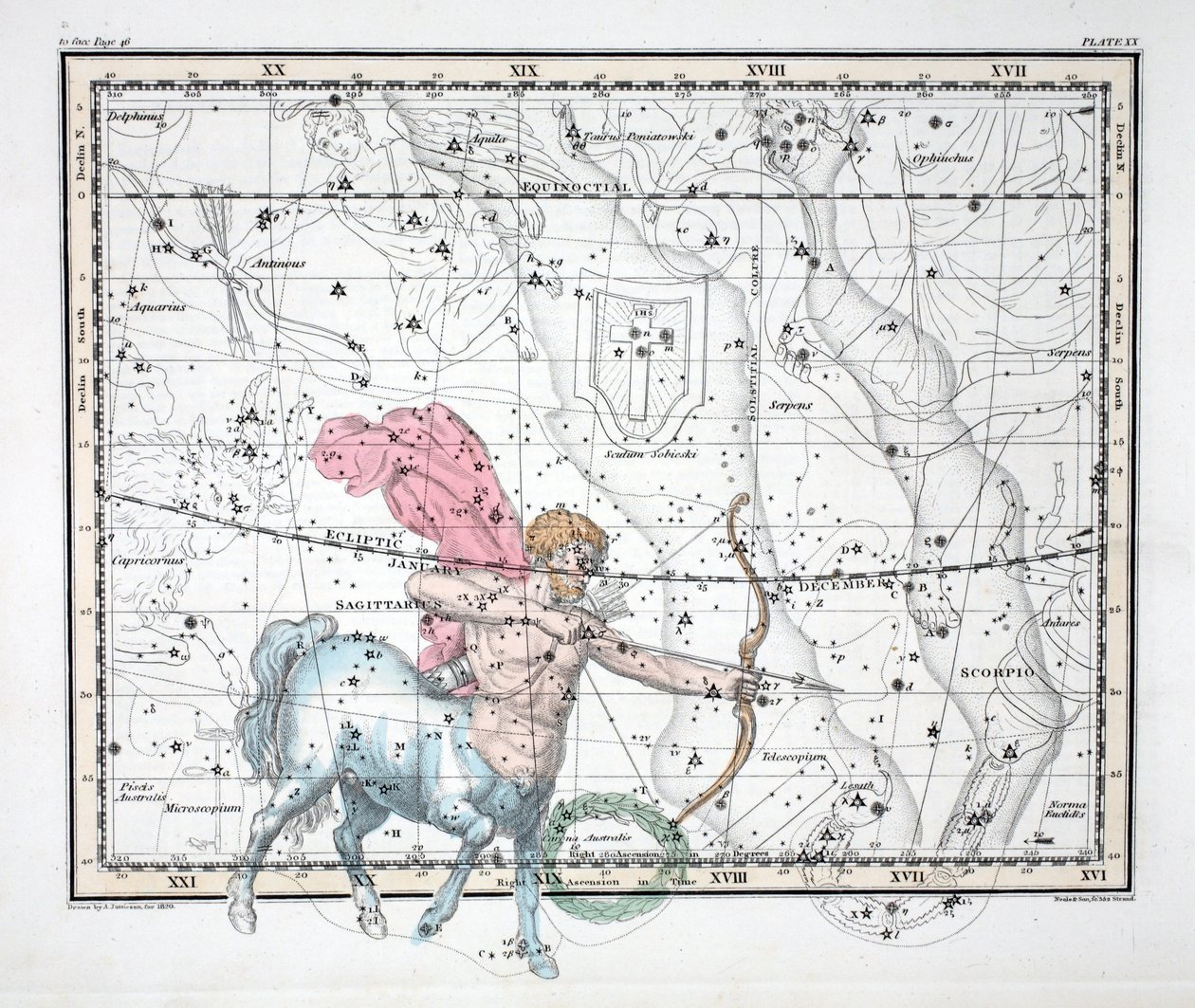 The Constellations (Plate XX) Sagittarius, Alexander Jamiesonin "A Celestial Atlas", pub. Lontoo 1822 (käsinvärinen kaiverrus) tekijältä Alexander Jamieson
