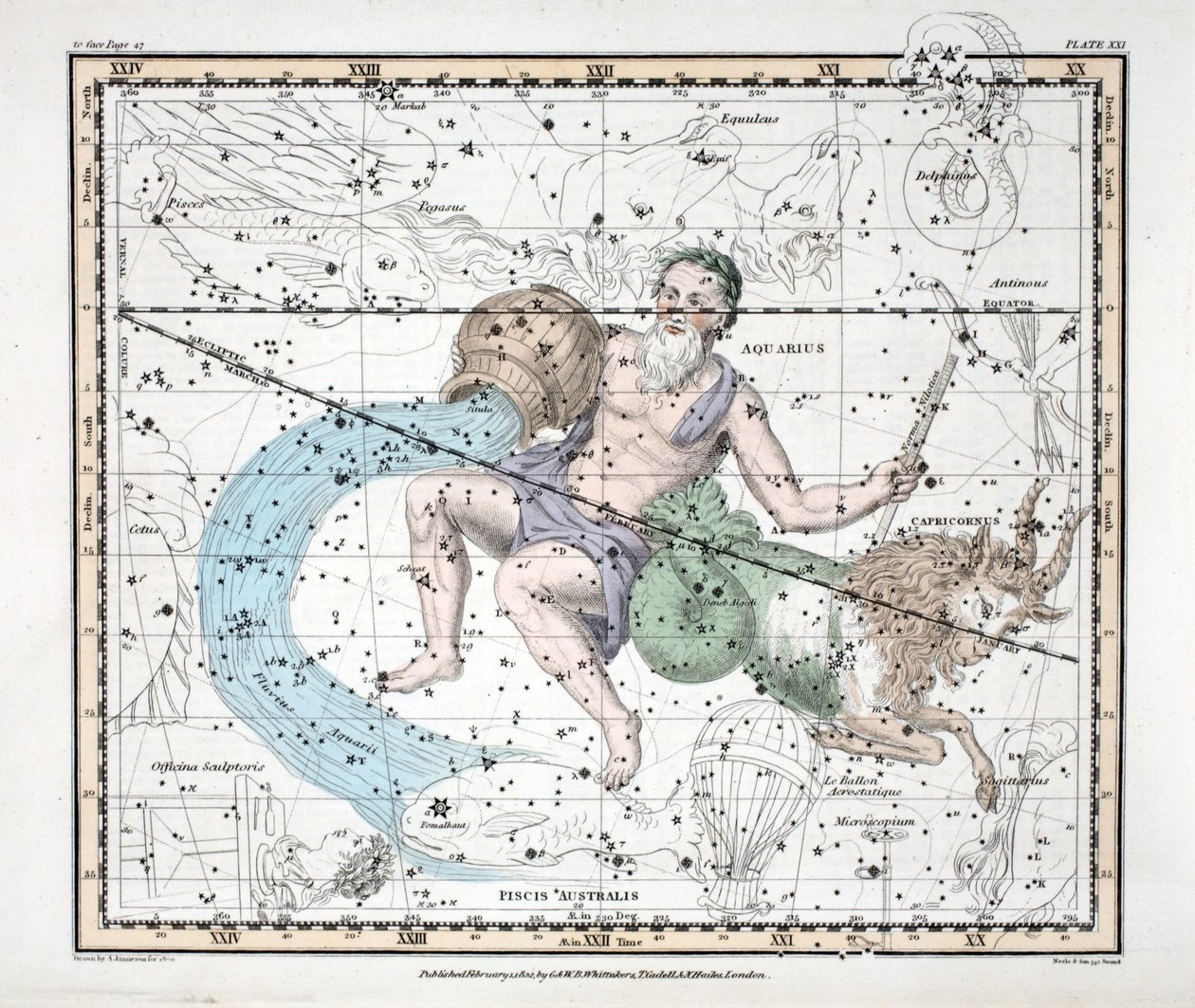 Tähdistöt (levy XXI) Kauris ja Vesimies, Alexander Jamiesonin julkaisemasta "A Celestial Atlas", pub. Lontoo 1822 (käsin väritetty kaiverrus). tekijältä Alexander Jamieson