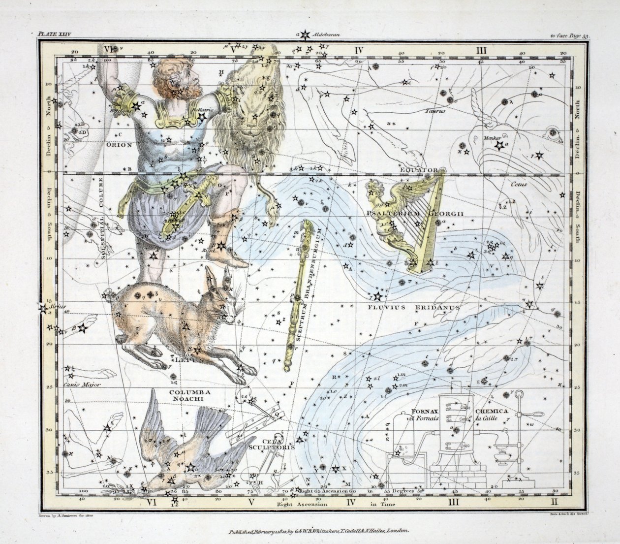 Tähtikuviot (levy XXIV) Fluvius Eridanus, Orion; Lepus, Columba Noachi, Cela Sculptoris, Psalterium Georgii, Horologium, Equuleus Pictorius, Brandenbergium Sceptrum, lähteestä 