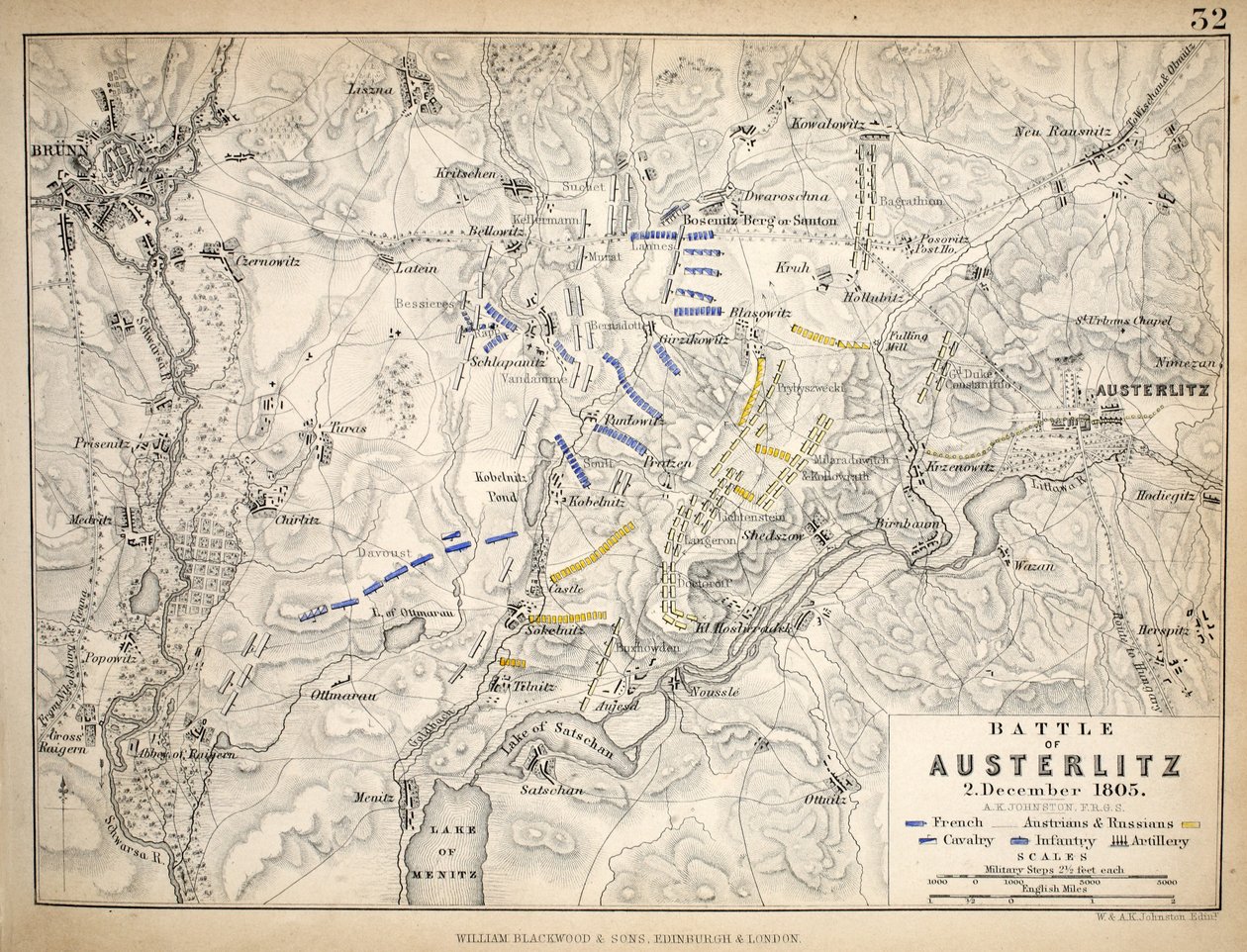 Kartta Austerlitzin taistelusta, julkaissut William Blackwood and Sons, Edinburgh ja London, 1848 (käsinvärinen kaiverrus) tekijältä Alexander Keith Johnston