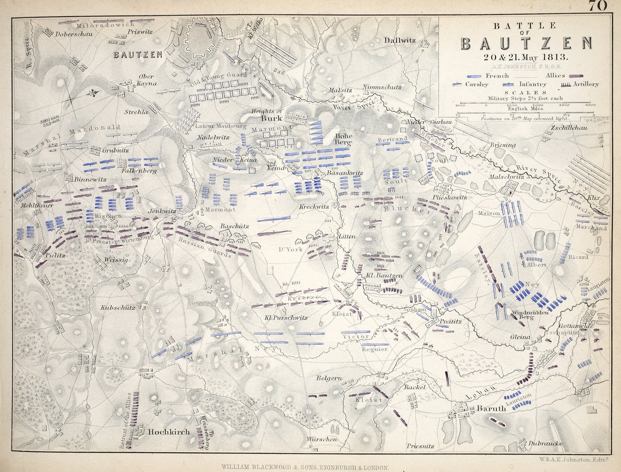 Kartta Bautzenin taistelusta, julkaissut William Blackwood and Sons, Edinburgh ja London, 1848 (käsinvärinen kaiverrus) tekijältä Alexander Keith Johnston
