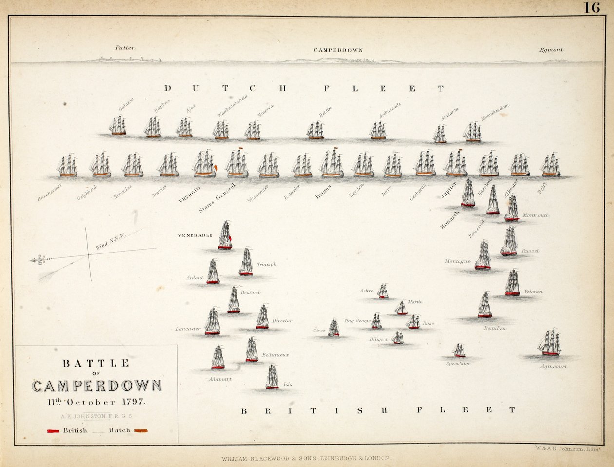 Camperdownin taistelun kartta, julkaissut William Blackwood and Sons, Edinburgh ja London, 1848 (käsinvärinen kaiverrus) tekijältä Alexander Keith Johnston
