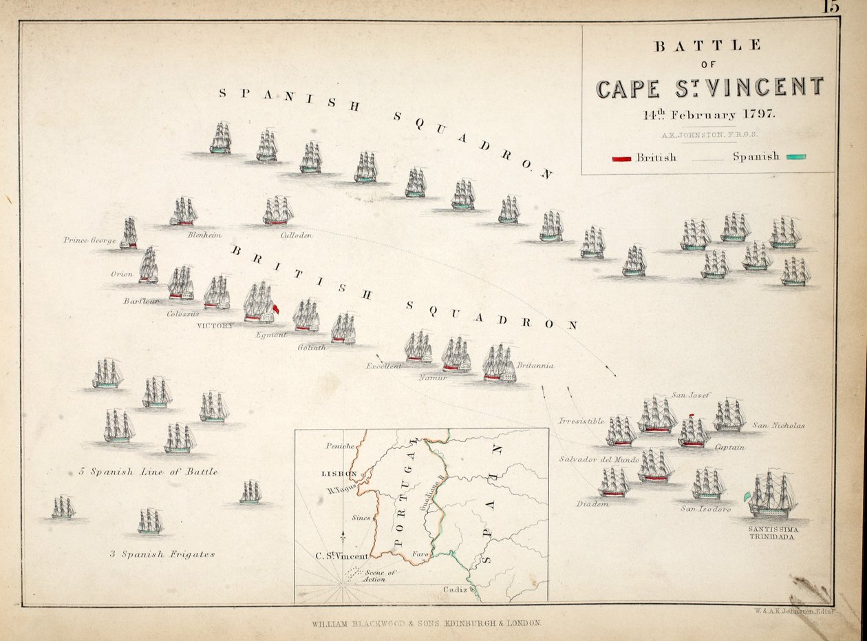 Kartta Cape St. Vincentin taistelusta, julkaissut William Blackwood and Sons, Edinburgh ja London, 1848 (käsinvärinen kaiverrus) tekijältä Alexander Keith Johnston
