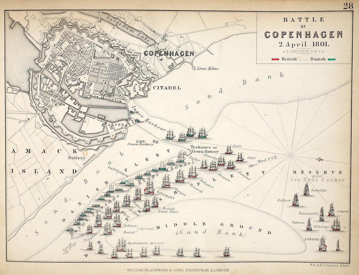 Kartta Kööpenhaminan taistelusta, julkaissut William Blackwood and Sons, Edinburgh und London, 1848 (käsinvärinen kaiverrus) tekijältä Alexander Keith Johnston