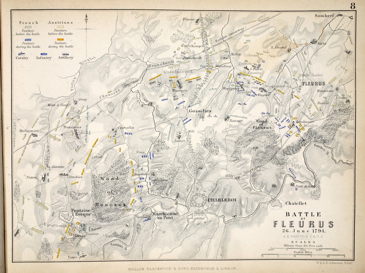 Kartta Fleuruksen taistelusta, julkaissut William Blackwood and Sons, Edinburgh ja London, 1848 (käsinvärinen kaiverrus) tekijältä Alexander Keith Johnston
