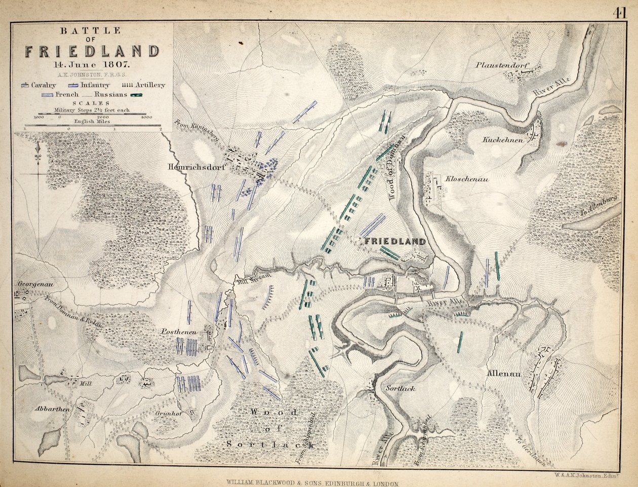 Friedlandin taistelun kartta, julkaissut William Blackwood and Sons, Edinburgh ja London, 1848 (käsinvärinen kaiverrus) tekijältä Alexander Keith Johnston