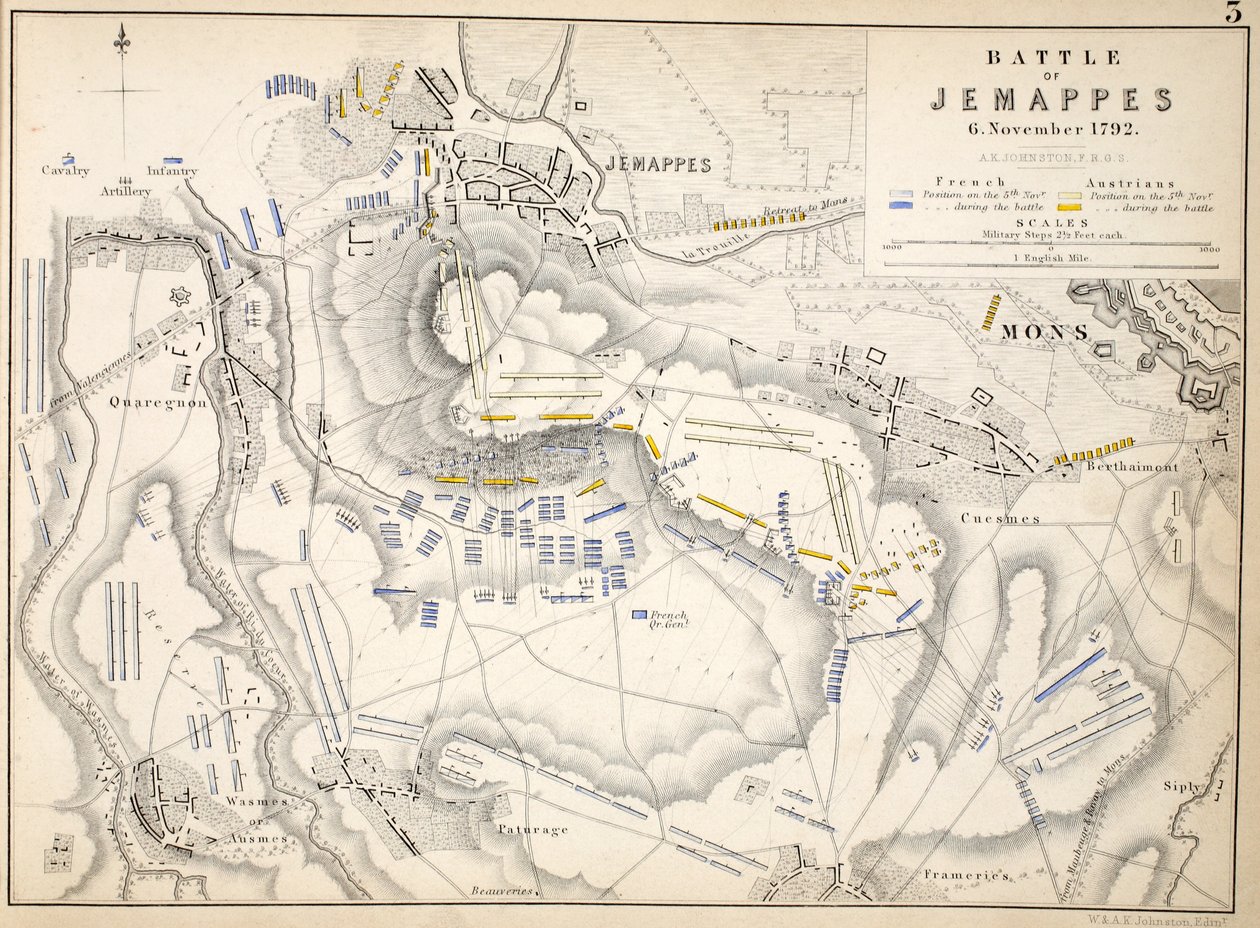Kartta Jemappesin taistelusta, julkaissut William Blackwood and Sons, Edinburgh ja London, 1848 (käsinvärinen kaiverrus) tekijältä Alexander Keith Johnston