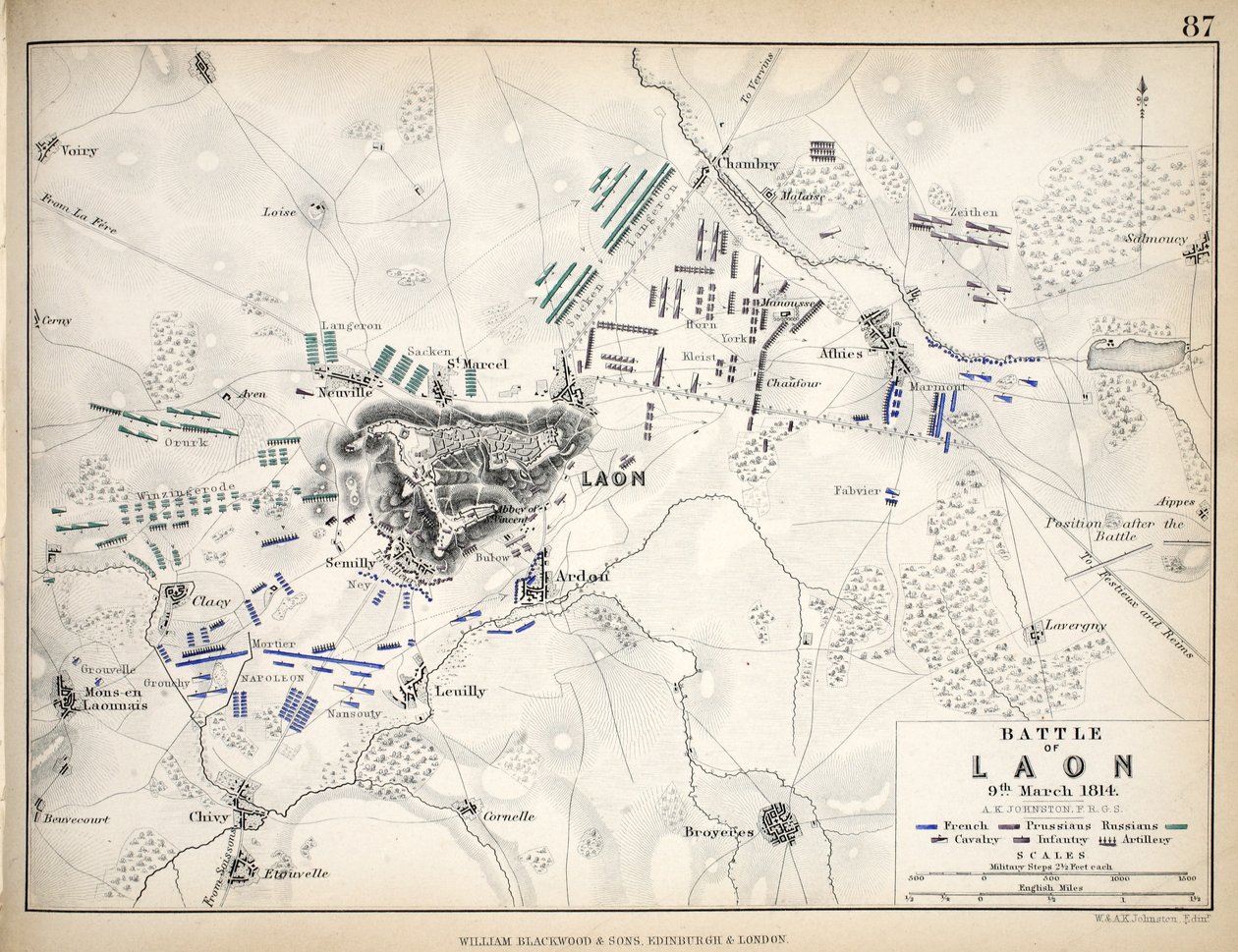 Kartta Laonin taistelusta, julkaissut William Blackwood and Sons, Edinburgh ja London, 1848 (käsinvärinen kaiverrus) tekijältä Alexander Keith Johnston