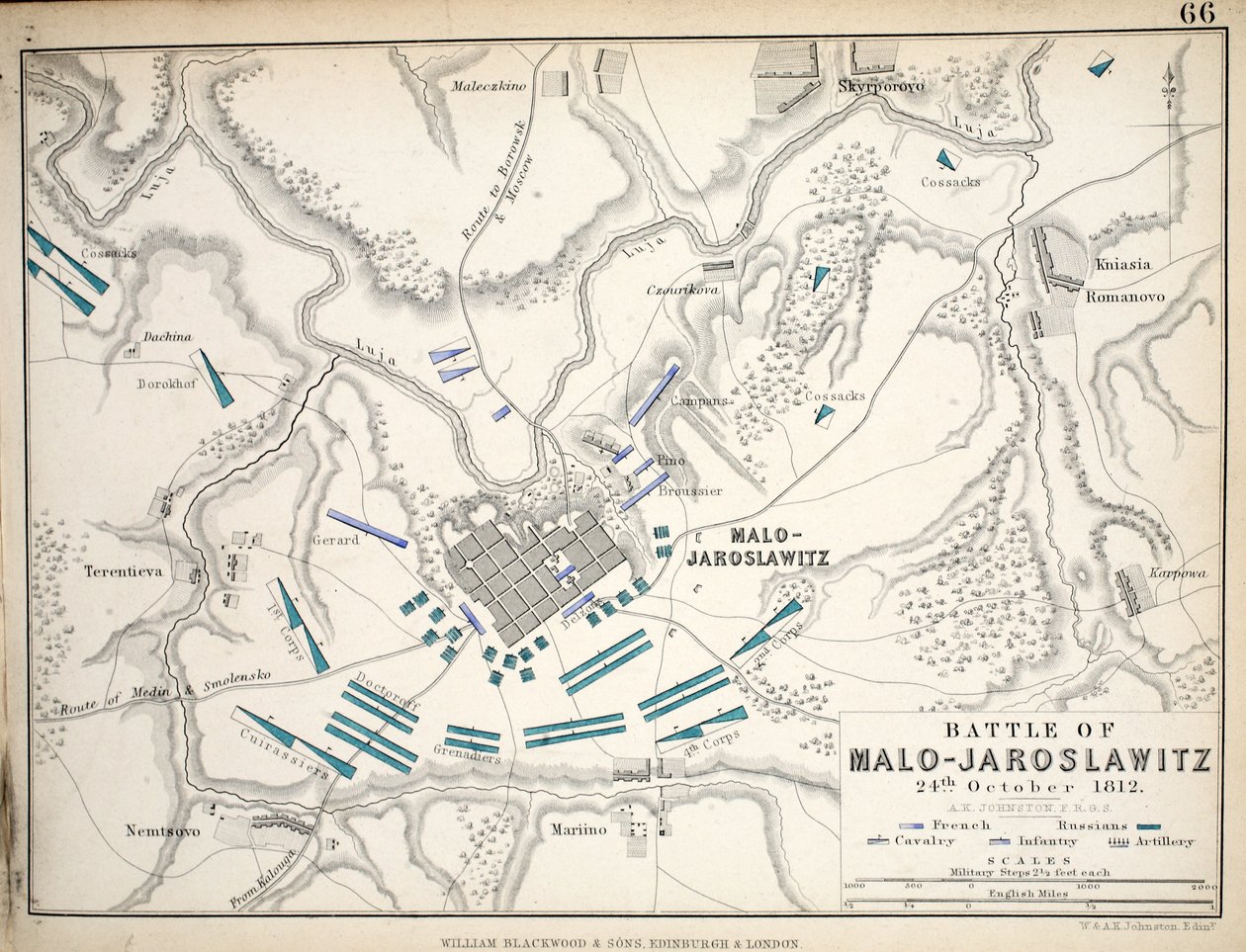 Malo-Jaroslawitzin taistelun kartta, julkaissut William Blackwood and Sons, Edinburgh ja London, 1848 (käsinvärinen kaiverrus) tekijältä Alexander Keith Johnston