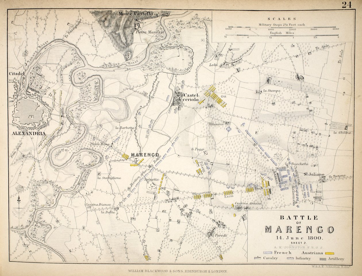 Marengon taistelun kartta, julkaissut William Blackwood and Sons, Edinburgh ja London, 1848 (käsinvärinen kaiverrus) tekijältä Alexander Keith Johnston