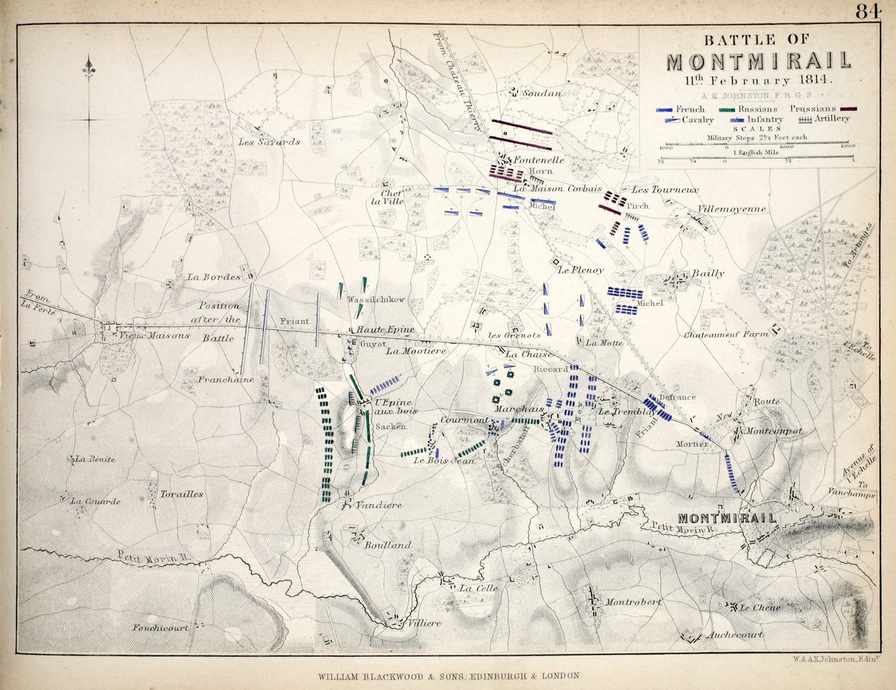 Montmirailin taistelun kartta, julkaissut William Blackwood and Sons, Edinburgh ja London, 1848 (käsinvärinen kaiverrus) tekijältä Alexander Keith Johnston
