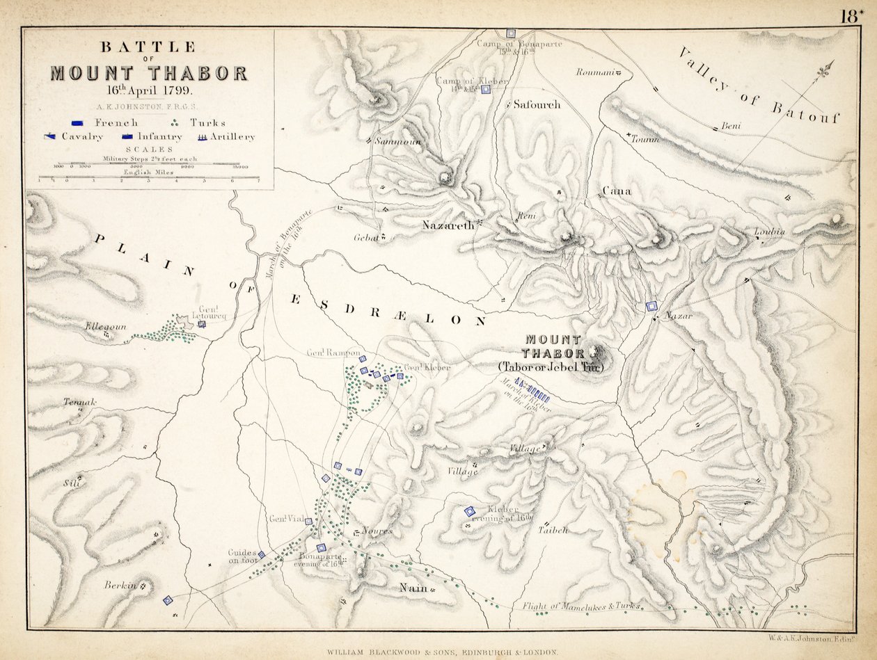 Kartta Mount Thaborin taistelusta, julkaissut William Blackwood and Sons, Edinburgh ja London, 1848 (käsinvärinen kaiverrus) tekijältä Alexander Keith Johnston