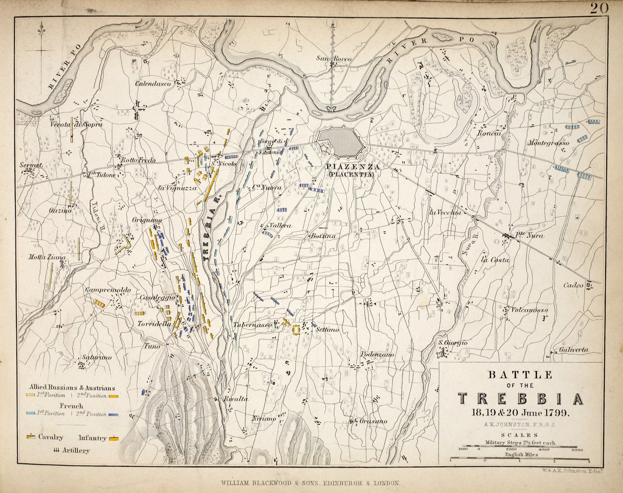 Kartta Trebbian taistelusta, julkaissut William Blackwood and Sons, Edinburgh ja London, 1848 (käsinvärinen kaiverrus) tekijältä Alexander Keith Johnston