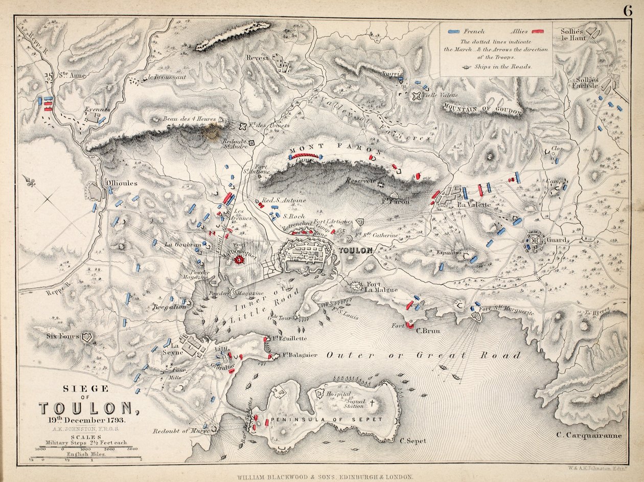 Toulonin piirityksen kartta, julkaissut William Blackwood and Sons, Edinburgh ja London, 1848 (käsinvärinen kaiverrus) tekijältä Alexander Keith Johnston