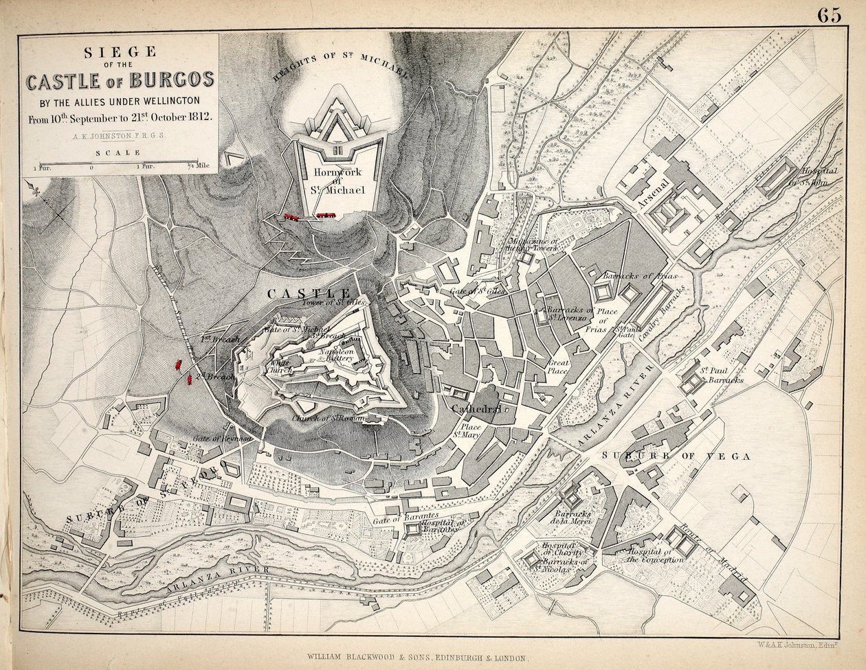 Kartta Burgosin linnan piirityksestä, julkaissut William Blackwood and Sons, Edinburgh ja London, 1848 (käsinvärinen kaiverrus) tekijältä Alexander Keith Johnston