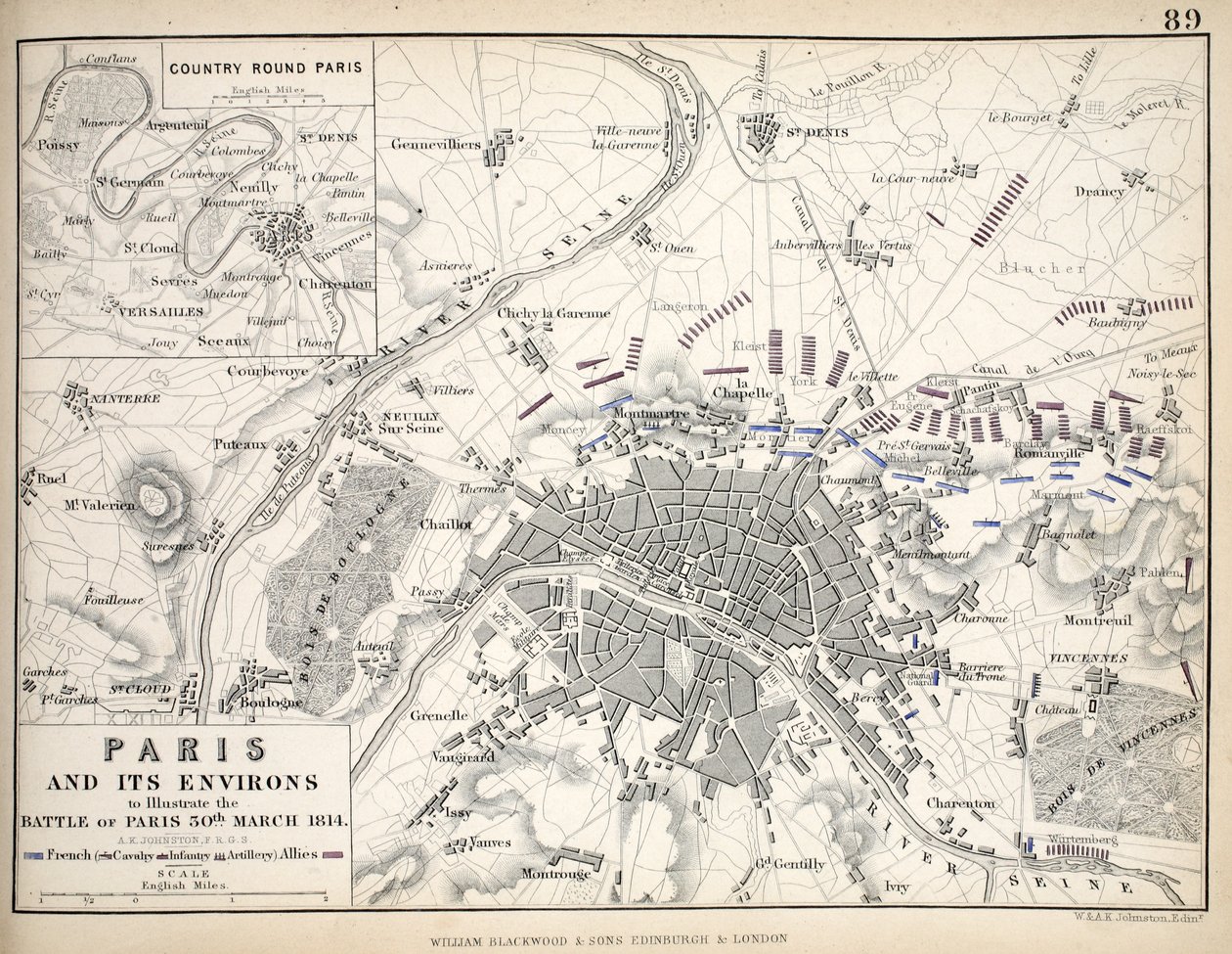 Pariisi ja sen ympäristö, havainnollistamaan Pariisin taistelua, 30. maaliskuuta 1814, julkaistu noin 1830-luvulla tekijältä Alexander Keith Johnston