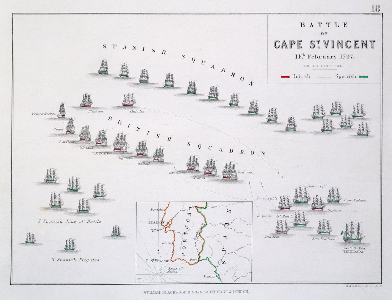 Cape St. Vincentin taistelun suunnitelma, 14. helmikuuta 1797, noin 1830-luku tekijältä Alexander Keith Johnston