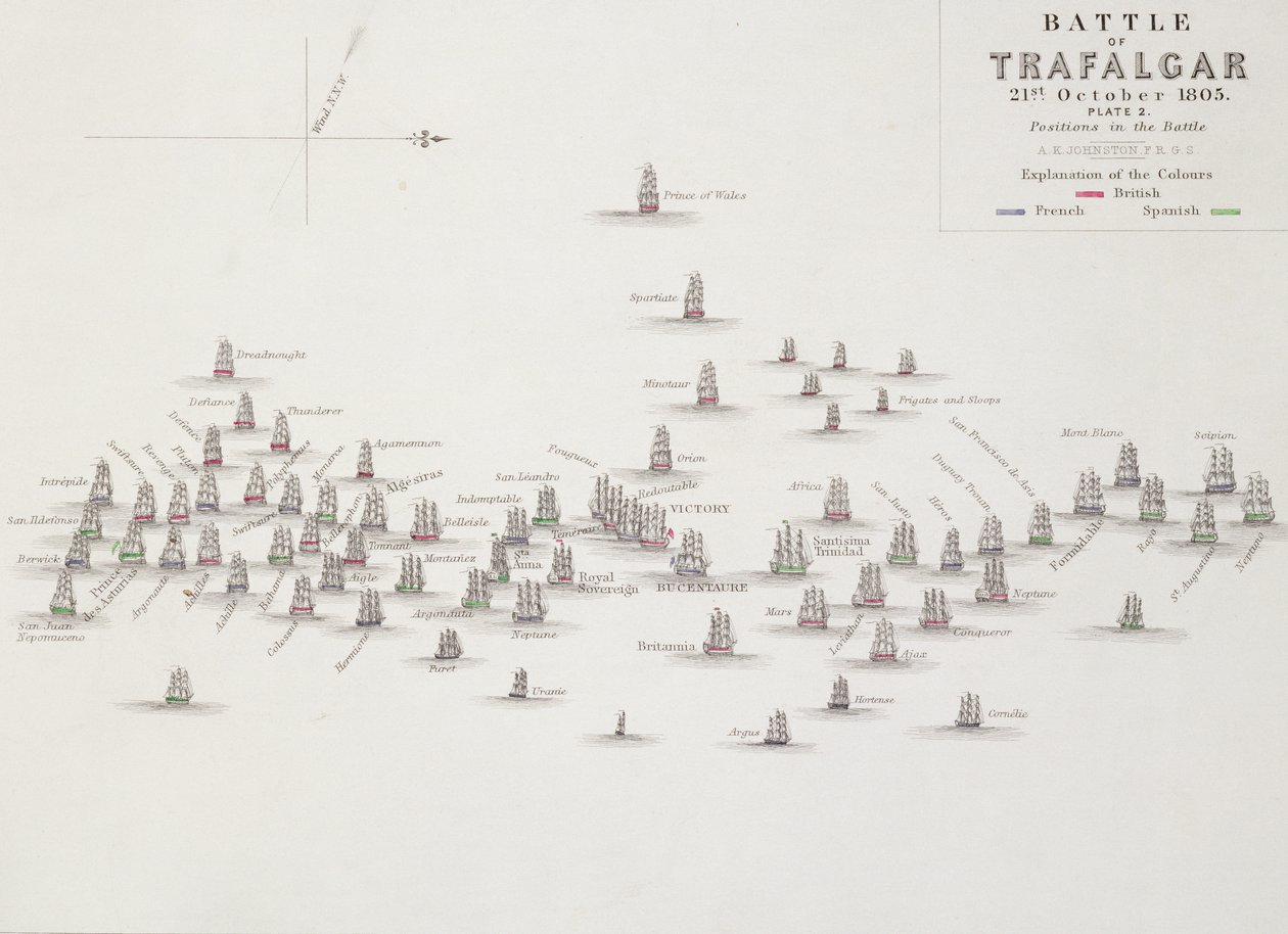 Trafalgarin taistelu, 21. lokakuuta 1805, Positions in the Battle, noin 1830-luku tekijältä Alexander Keith Johnston
