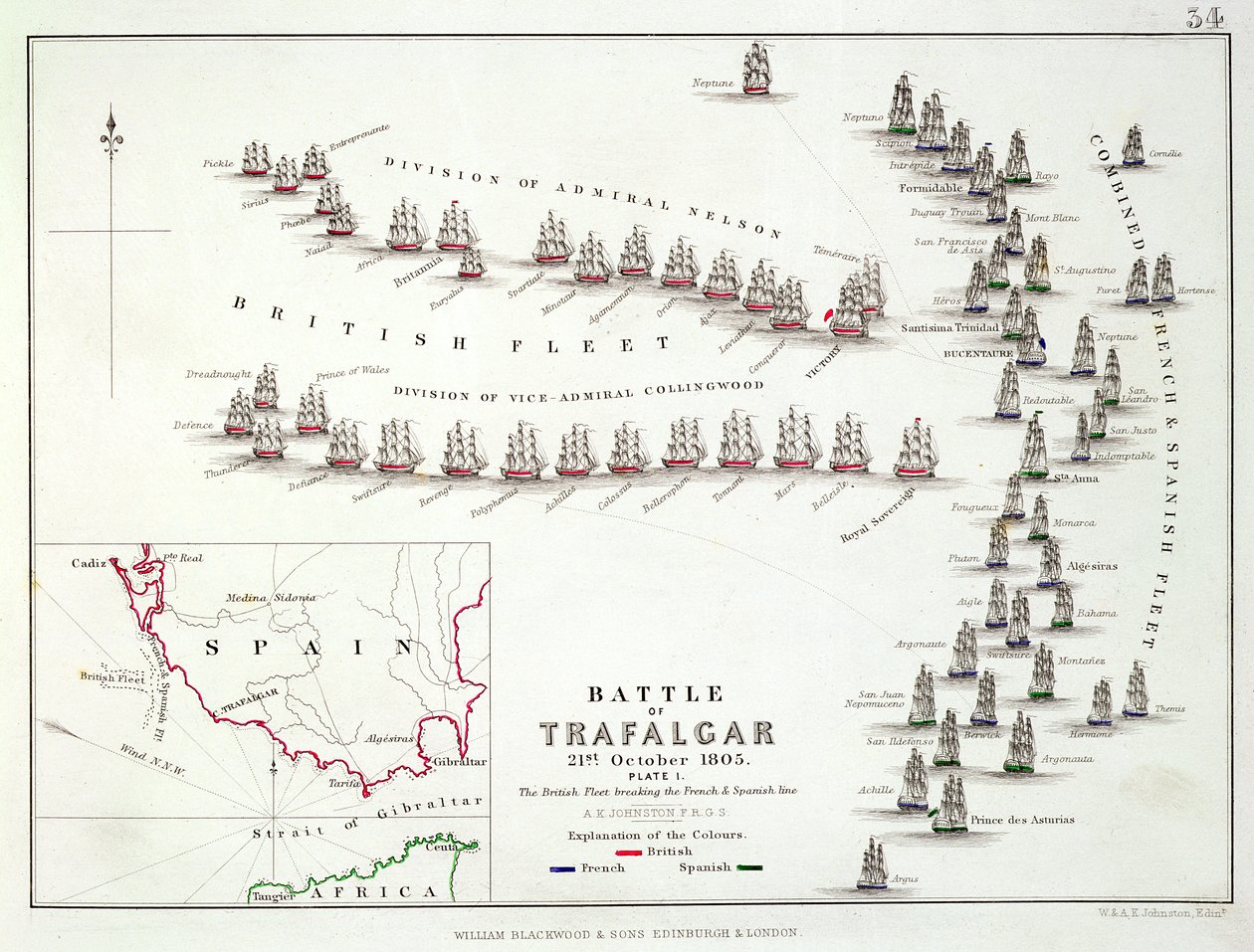 Trafalgarin taistelu, 21. lokakuuta 1805, britit rikkovat Ranskan ja Espanjan linjan, noin 1830-luku tekijältä Alexander Keith Johnston