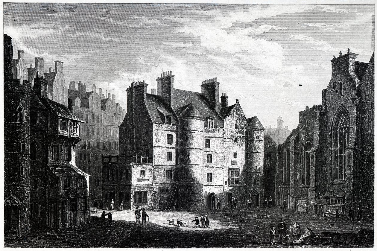 Old Tolbooth, Edinburgh, kaiverrus Edward Finden (1791-1857) tekijältä Alexander Nasmyth
