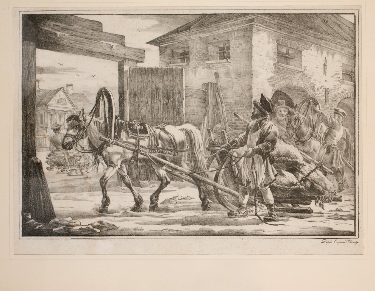 Ratsastus ulos porteista (litho) tekijältä after Alexander Orlowski