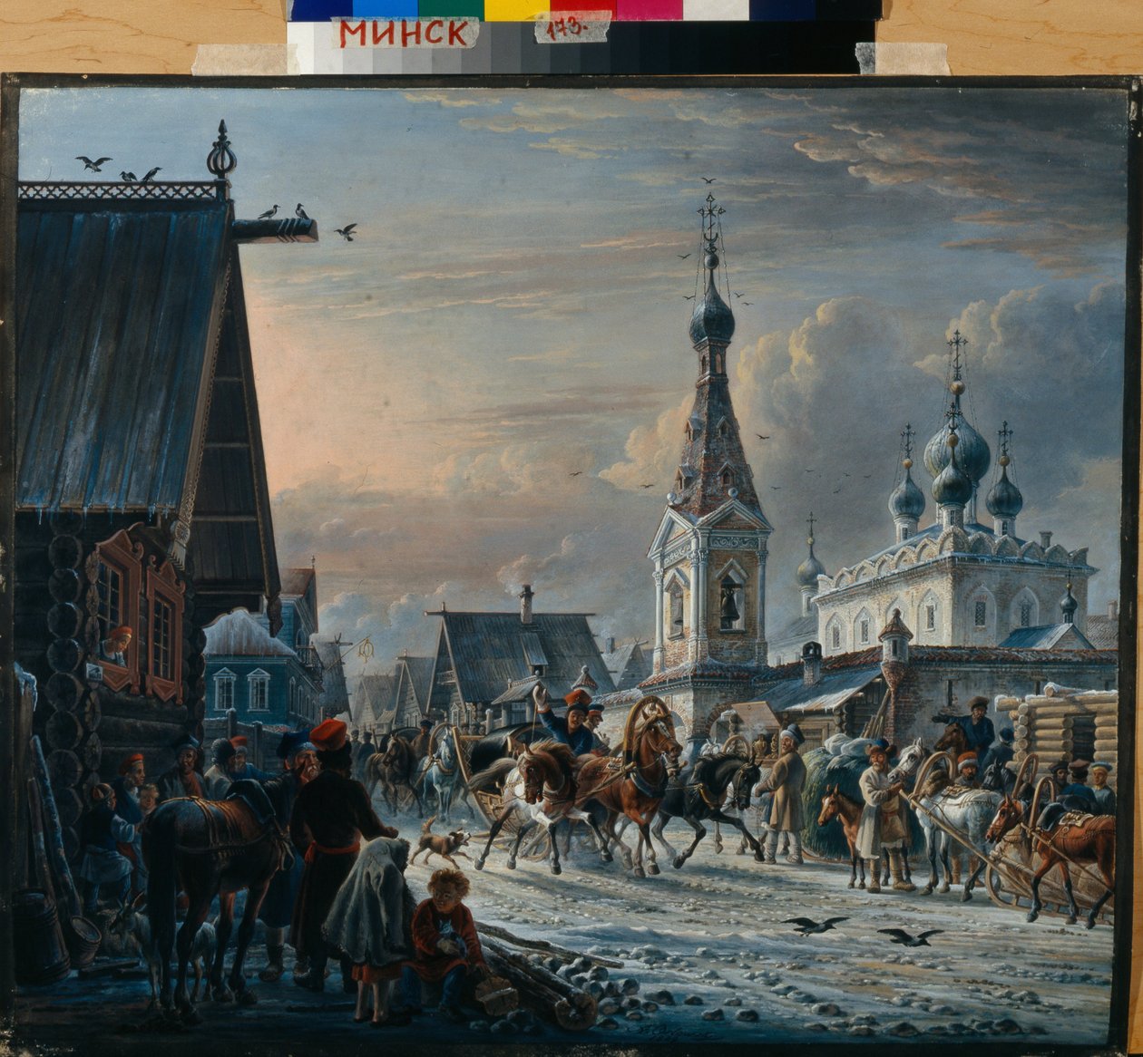Venäläiset postireet (troika) kiertävät kadulla talvella ja tervehtivät asukkaita matkalla (Street with Mail Coaches) - Alexander Osipovich Orlowskin (1777-1832) maalaus tekijältä Alexander Orlowski