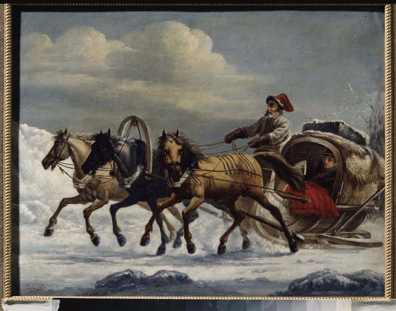 Troika (kolmen hevosen joukkueen vetämä reki). Maalaus Alexander Osipovich Orlowski (1777-1832), öljy metallille tekijältä Alexander Orlowski