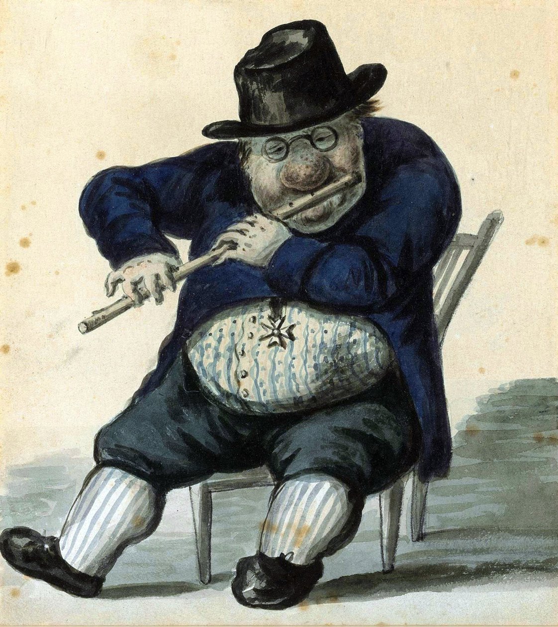 Karikatuurimainen muotokuva arkkitehti Giacomo Quarenghista (1744-1817). (Arkkitehti G. Quarenghin karikatyyrimuotokuva). Pietarin pääarkkitehti, hän on edustettuna kiikareillaan, istuu, soittaa huilua, kunniamitalilla tekijältä Alexander Orlowski