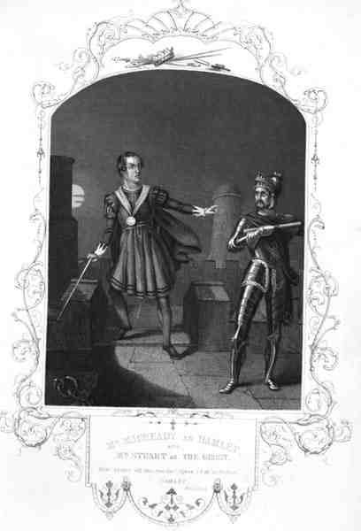 Mr Macready Hamletina ja herra Stuart Ghost, näytös I kohtaus 5, William Shakespearen (1564-1616) Hamletissa George Hollisin (1792-1842) kaiverrus (kaiverrus) tekijältä Alexander (after) Reid