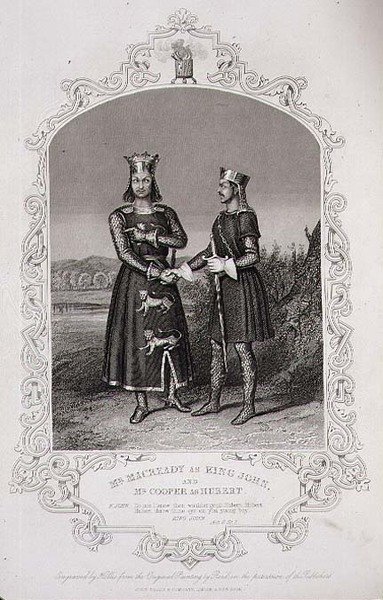 Mr Macready kuninkaana Johnina ja herra Cooper Hubertina, "King John" III näytös, kohtaus 3, kaiverrus George Hollis (1792-1842) pub. Kirjailija: John Tallis & Co. (litho) tekijältä Alexander (after) Reid